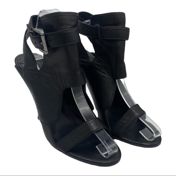 Leon Max Black Palor All Leather Open Toe Heels Wrap Ankle Sz 8M - Picture 3 of 16